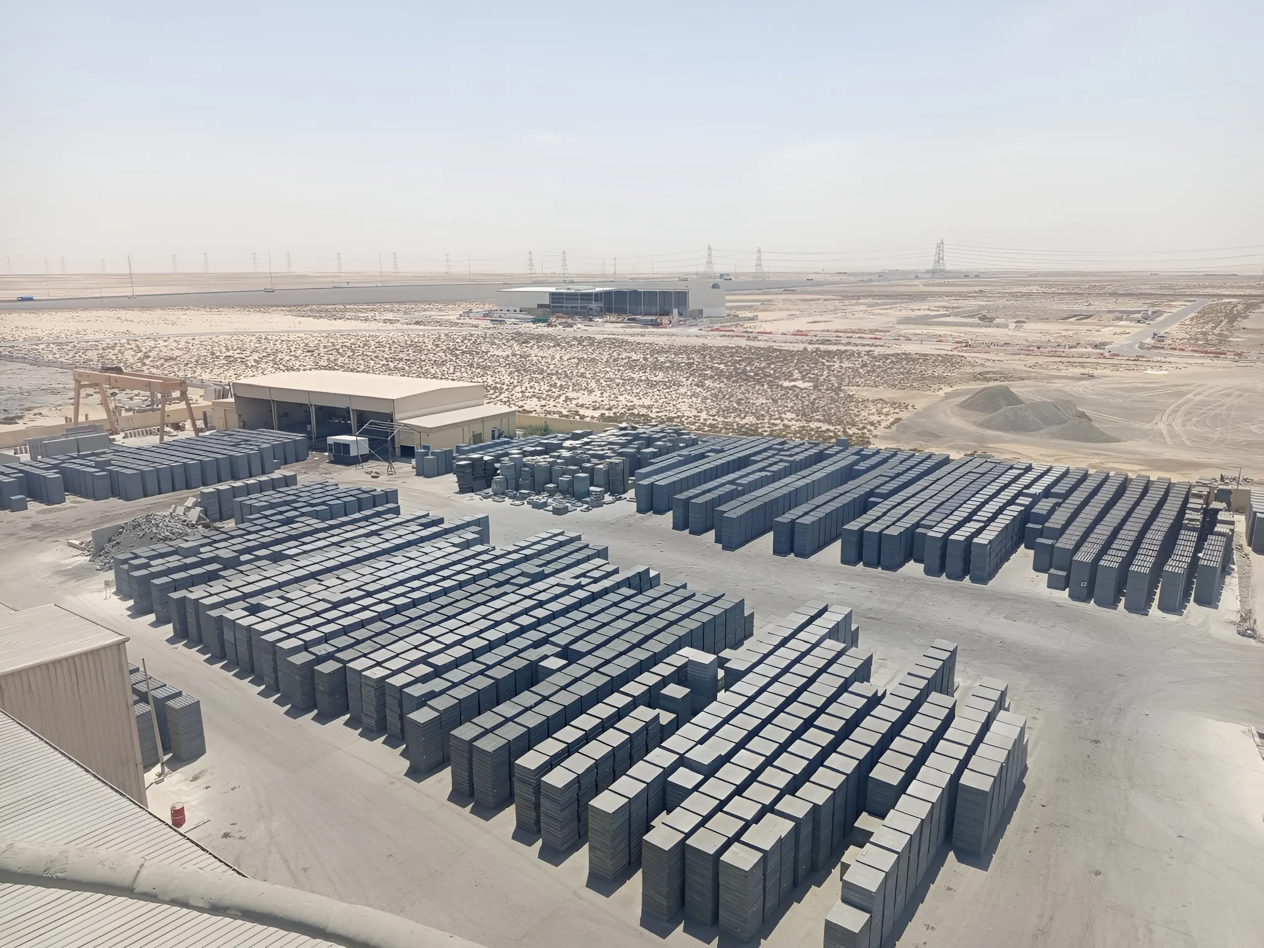 Aerial view of concrete block storage yard at Solid Mix facility